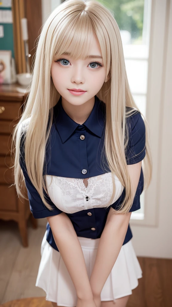 Portrait、School uniforms、Bright expression、Younger, brighter, whiter skin、Best Looks、Blonde reflection、Platinum blonde hair with dazzling highlights、Shiny bright hair,、Super long, silky straight hair、Shiny beautiful bangs、Sparkling, clear, attractive big blue eyes、A very beautiful, lovely and cute 16 year old girl、Ample breasts、