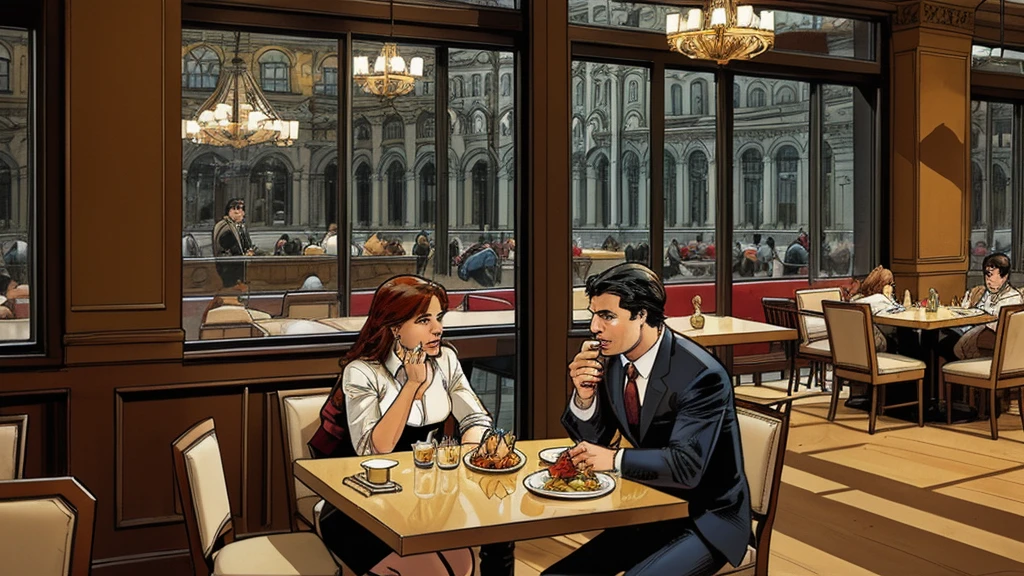 a restaurant, a restaurant в москве, public place, indoors, big windows, luxury, дорогой a restaurant, people have lunch, workers greet guests, Marvel Comics Style, comics