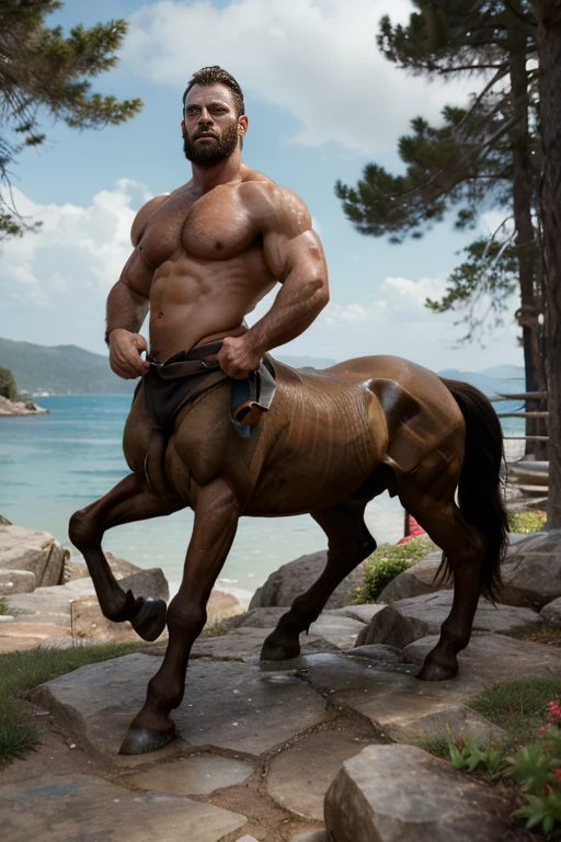 Two male muscular centaurs, two centaurs, two muscle men, short beard, short black hair, on rock, wallpaper