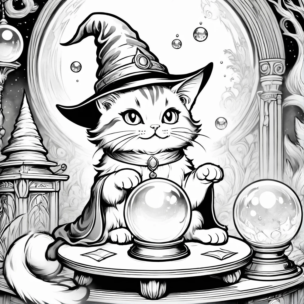 Create a coloring book with no color at all. A wizard cat is telling fortunes with a crystal ball placed on a table. The cat is wearing a white witch hat. I'm holding my hand over the crystal ball.