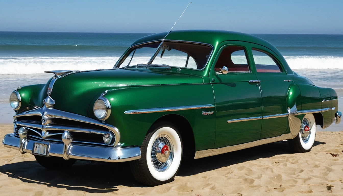 ((A realistic photo of a 1952 Dodge Kingsway Custom)),British Racing Green color with chrome mag wheels, parked at a surf beach on a summers day, best quality, very hi definition, 8k, Surfboards and bikini Girls standing next to the car, (fine detail,)