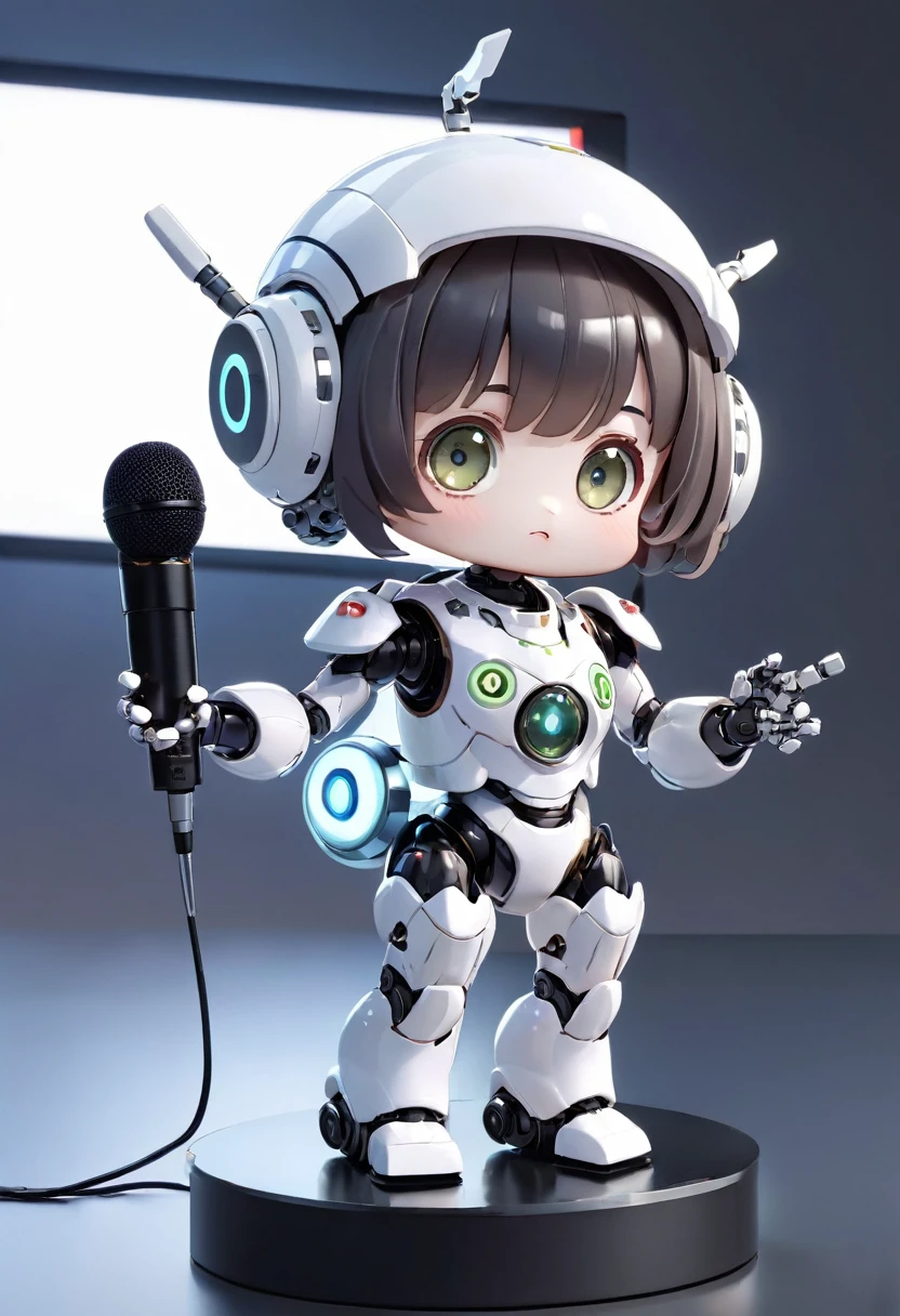 ((A robot based on a dice game)), 3D Rendering, Jongsuk Lee, Digital Art, Adorable glowing creatures, Nendoroid-like style, Futuristic Gear Shiny White Armor、A cute girl robot、Big eyes、antenna、Electronic display panel on chest、Holding the microphone close to his mouth while speaking、Smiling Kindly、((whole body、Background is white))、Are standing