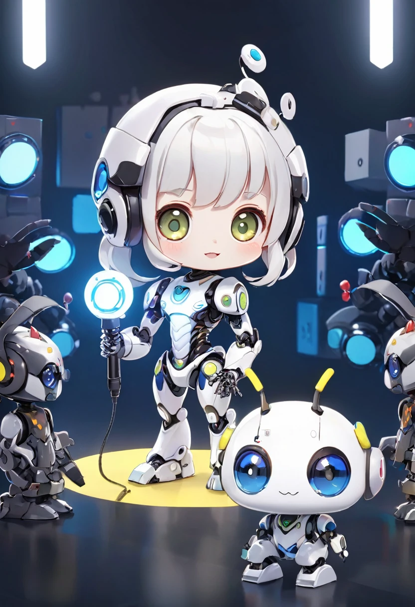 ((A robot based on a dice game)), 3D Rendering, Jongsuk Lee, Digital Art, Adorable glowing creatures, Nendoroid-like style, Futuristic Gear Shiny White Armor、A cute girl robot、Big eyes、antenna、Electronic display panel on chest、Holding the microphone close to his mouth while speaking、Smiling Kindly、((whole body、Background is white))、Are standing