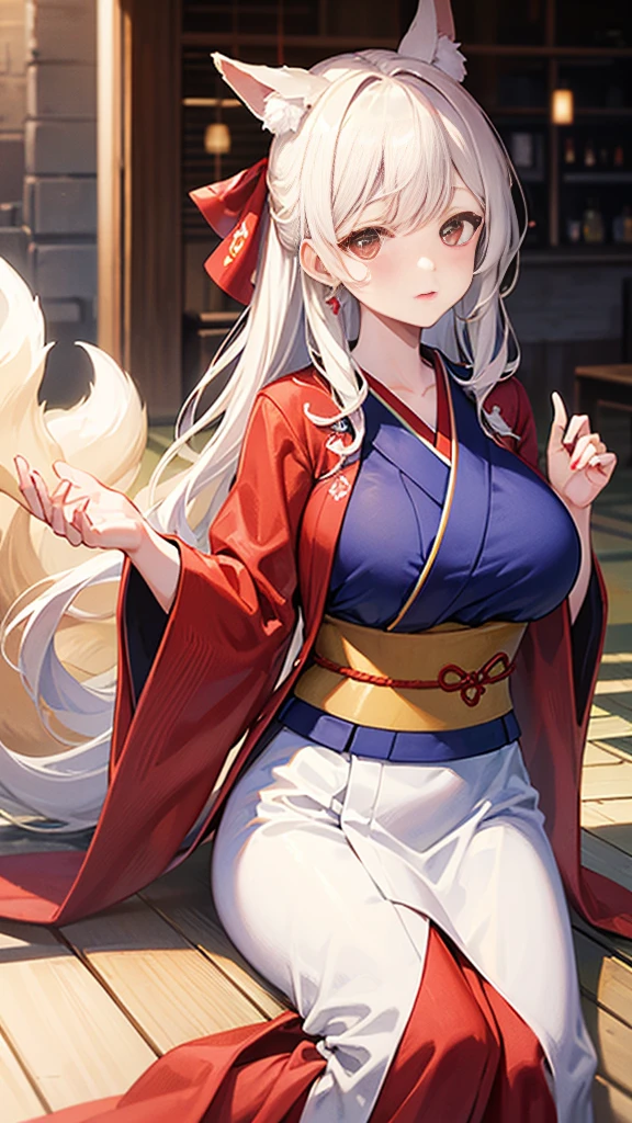 Azur Lane、((Amagnagi))、Brown long hair、Sodium Bicarbonate Ship、Big Breasts、(Fox ears)、(Red and black kimono)