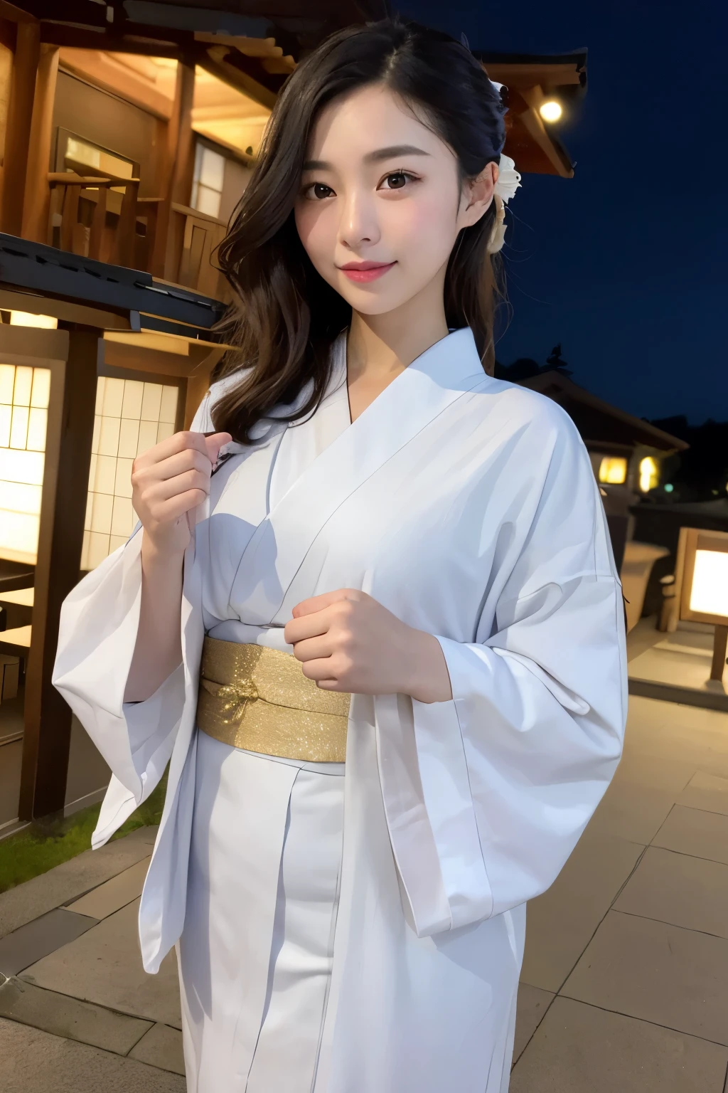 ((Highest quality)), ((masterpiece)), (detailed), One girl, Traditional Yukata、White、glamorous、Night view、Japanese、Black Hair