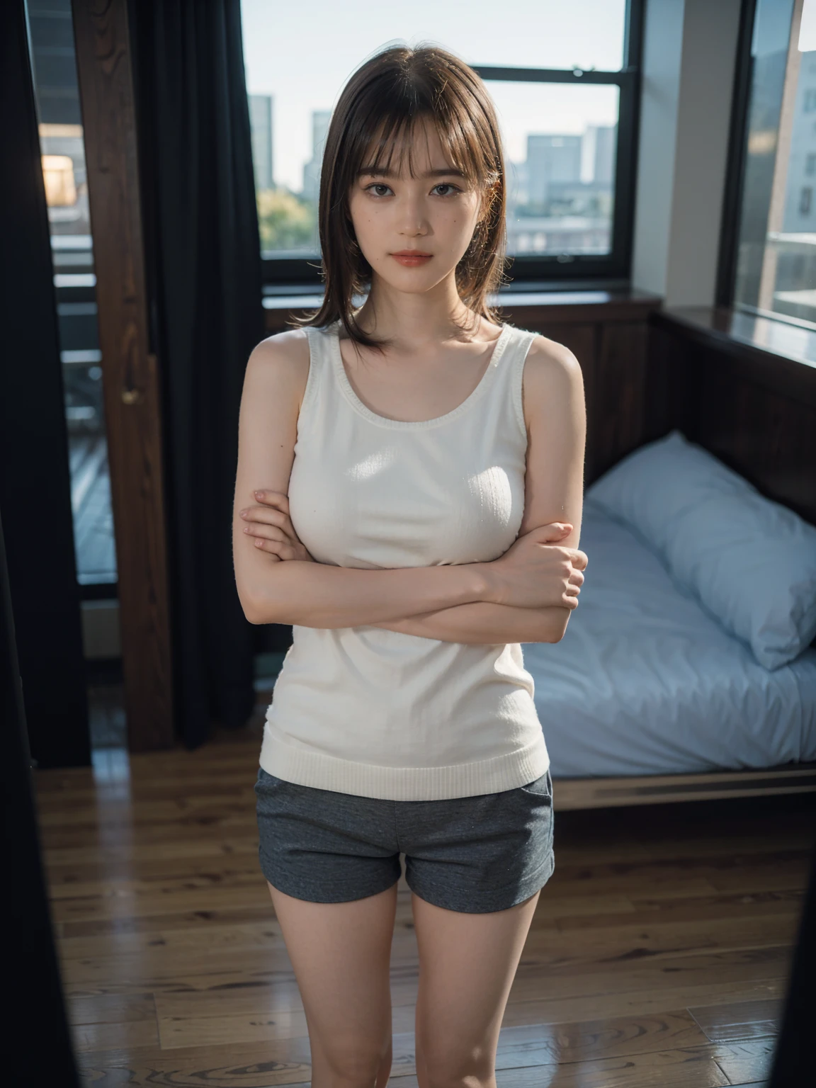 1girl, woman, masterpiece, best quality, highest quality, cinematic lighting, (volumetric lighting), extremely detailed CG unity 8k wallpaper, focused, 8k wallpaper, extremely detailed, ultra realistic, photorealistic, sharp focus, absurdres, (HDR:1.2), (high contrast), photograph, detailed and intricate, instagram, portrait, highly detailed, digital painting, artstation, concept art, smooth, sharp focus, illustration, cinematic lighting, (natural big breast), (((wearing knit tank top and short pants))), eyes looking at the viewer, (skinny legs), ((standing and crossed arms)), ((slender body)), skinny, (((Height 161cm))), (HQ skin:1.4, Realistic human body structure), ((long hair))