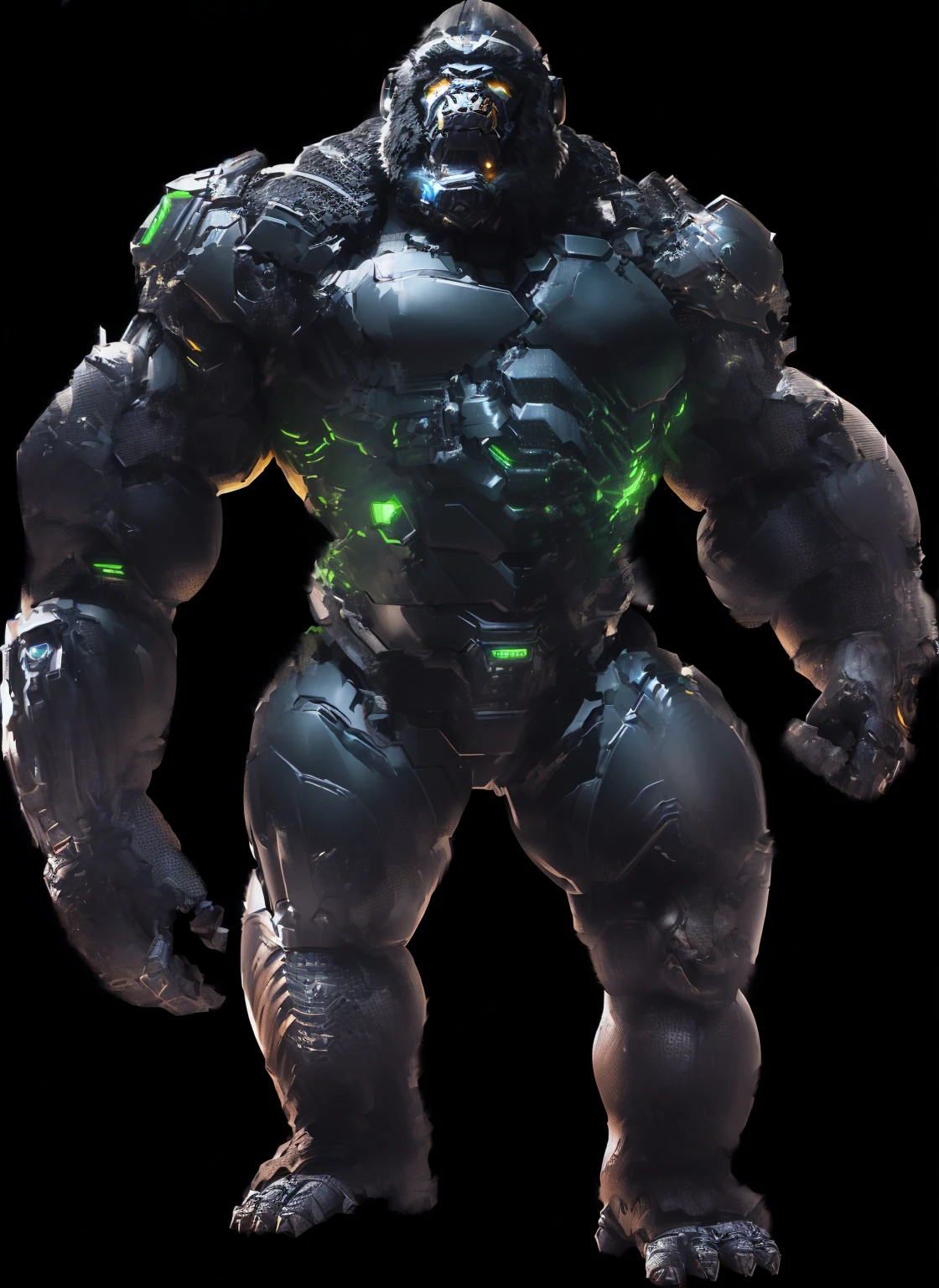 Close-up of a gorilla wearing a helmet and armor, batman mecha, Crysis Nano Armor, Doomman is similar to Samus, Starcraft 2 video game characters, Zgok. 8k HD resolution, Winston the Ape in Overwatch, Character Art Opposite, dark supervillain, Cyber Combat Armor, Golem, Black Mecha, epic scifi character art