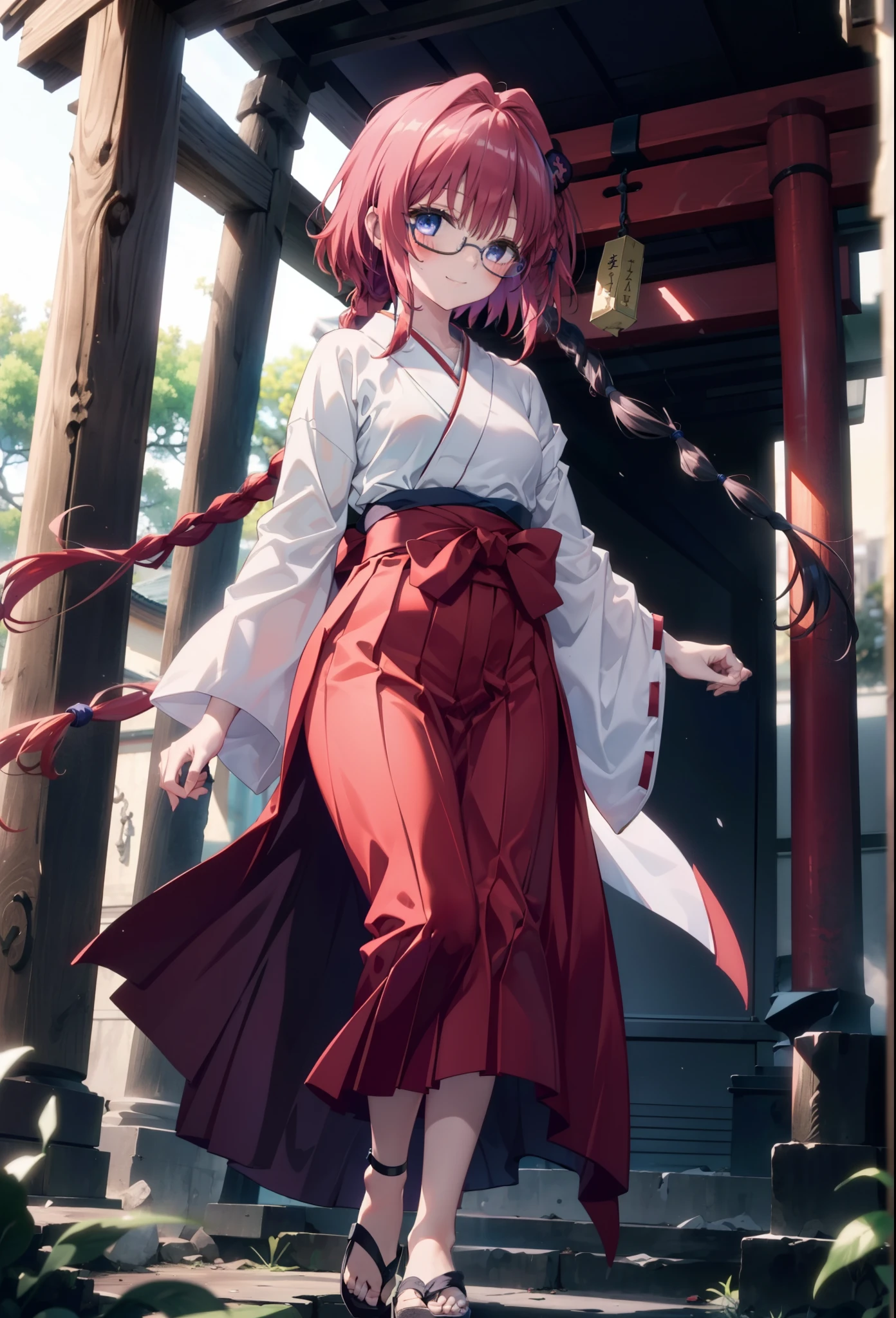 Meia Kurosaki,Meia Kurosaki,Redhead,Long Hair,Long braids,Purple eyes,Glasses, (Small breasts:1.2),Shrine maiden, 白いkimono, kimono, As with the skirt, Wide sleeves, Long sleeve, Red too,Long skirt,White tabi,Sandals,smile,blush,Sleeves edged with ribbon, whole bodyがイラストに入るように,
break looking at viewer,whole body,
break outdoors, shrine,torii,
break (masterpiece:1.2), Highest quality, High resolution, unity 8k wallpaper, (shape:0.8), (Beautiful attention to detail:1.6), Highly detailed face, Perfect lighting, Extremely detailed CG, (Perfect hands, Perfect ???????),