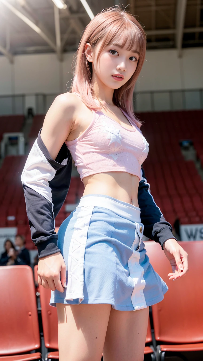 "masterpiece, ultra high res, 8k, RAW photo, best quality, detailed shadow, amazing, finely detail, sharp focus, (standing naturally:1.5), (cowboy shot:1.3), (front view:1.5), (detailed and structured patterns:1.5), (looking at viewer:1.2), BREAK 1girl, (small breast:1.5), (round face:1.5), (light pink hair:1.6), (long hair:1.3), (wavy hair:1), (bangs:1.5), (fair skin:1.5), (transparent skin:1.5), (narrow weist:1.8), wide forehead, (skinny:1.2), ((towering:1.8)), (towering:1.5), (18 years old:1.5), (detailed and structured patterns:1.5),
((sky blue)cheerleade:1.3), (very tight Show off skin on shoulders, back, and décolletage cheerleade:1.3), (long sleeve tops cheerleade:1.3), (Skirt with a switch at the hem-cheerleade:1.3), (blue, white, red, cheerleade velor fabric cheerleade:1.4), (indoor stadium:1.4), (beam:1.5)"