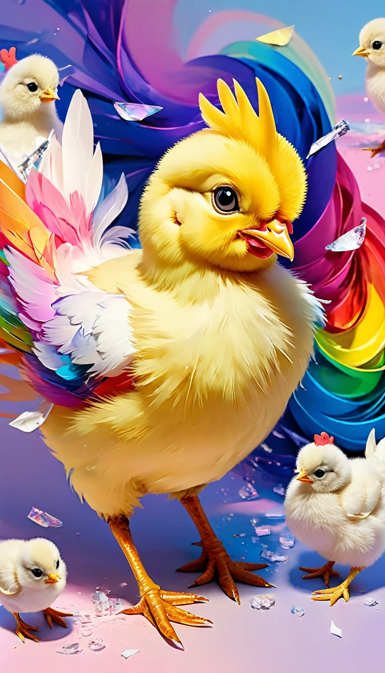 (((masterpiece))), ((Very detailed)), Cute Abstract Style, cigarette, In the sky, Colorful and vibrant, Mysterious Colors, modern impressionism, Portrait of Yanjun Chen, (Rainbow Perspective) , ((Chick:1.5)),Expanding Swirling Configuration, Big beautiful crystal eyes, Big Iris, 超High resolution, High resolution, 8k, The most beautiful portraits in the world, ((chicken baby)), Expressionless, Color and shape, emotional expression, Imaginative