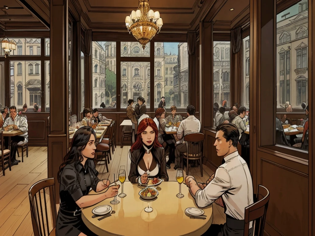 a restaurant, a restaurant в москве, public place, indoors, big windows, luxury, дорогой a restaurant, people have lunch, workers greet guests, Marvel Comics Style, comics