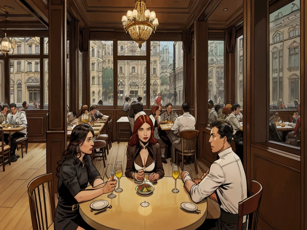 a restaurant, a restaurant в москве, public place, indoors, big windows, luxury, дорогой a restaurant, people have lunch, workers greet guests, Marvel Comics Style, comics