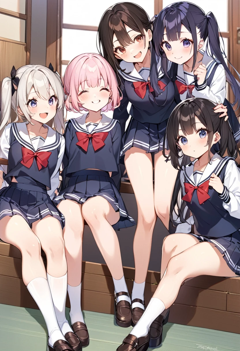 制服を着た3peopleの女の子が学校で写真を撮っている, Japan School uniforms, 3people々 Cute Girls, uniform, ポーズをとる日本の女子学生3people, seifuku, Japanese , Thin legs、Long legs、White socks、flare skirt、mini skirt、Twin tails、A cheerful smile、、Full Body Lesbian、friend