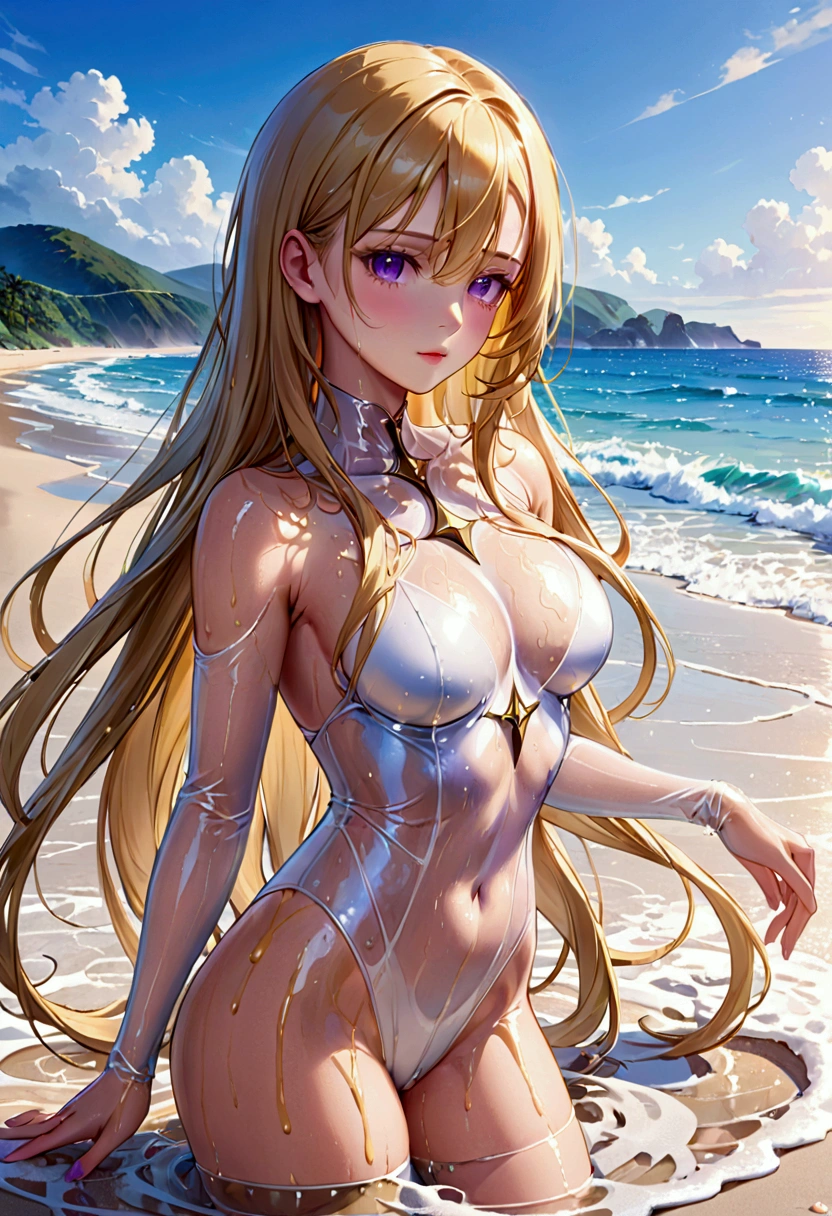 Adult female,long golden hair, purple eyes,hourglass body figure,white transparent body suit, wet, on beach