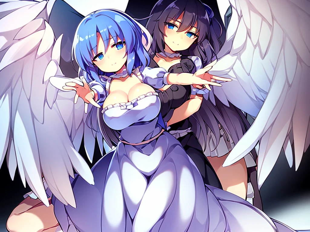 (best quality,4k,8k,highres,masterpiece:1.2), top-quality(masterpiece), top-quality, ultra-detailed, highly detailed texture, intricate details, high quality textures, A cute age angel with blue eyes, big pink ribbon in her hair, drawn in anime style, 1girl, (((1girl in))), , 10 y(loli))), ((child), medium blue hair, hair flaps, pink ribbon on head, well-formed face, Beautiful face, blue eyes, pretty eyes, angel girl, white blouse, puffy short sleeves, red ribbon, angel wings, long white skirt, red shoes, frills, ribbon head, A pair of angel wings on the back, clean line drawings, cute, from behind, to lift up one’s skirt, cowboy shot, from front, standing , raise one leg, crossed arms, arms up behind, arms behind back, hand between legs, put hands hip, one hand on hip, forward hands, arms raised in the air, punch hands, peace sign, waving, put up index finger, sit, lie down, closed eyes, lie face down, looking back, put one hand chest, leaning forward, cleavage, close up, horizontally outstretched arms, horizontally outstretched legs, front view, front face, huge breasts for short stature, cleavage is clearly visible ,G-Cup