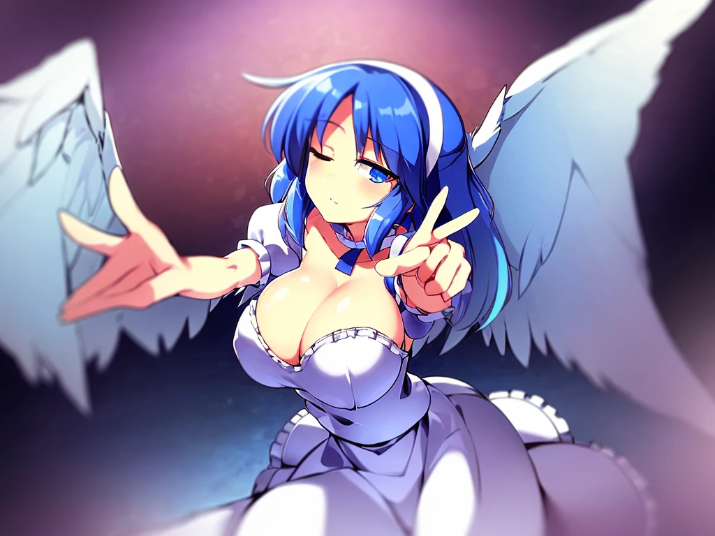 (best quality,4k,8k,highres,masterpiece:1.2), top-quality(masterpiece), top-quality, ultra-detailed, highly detailed texture, intricate details, high quality textures, A cute age angel with blue eyes, big pink ribbon in her hair, drawn in anime style, 1girl, (((1girl in))), , 10 y(loli))), ((child), medium blue hair, hair flaps, pink ribbon on head, well-formed face, Beautiful face, blue eyes, pretty eyes, angel girl, white blouse, puffy short sleeves, red ribbon, angel wings, long white skirt, red shoes, frills, ribbon head, A pair of angel wings on the back, clean line drawings, cute, from behind, to lift up one’s skirt, cowboy shot, from front, standing , raise one leg, crossed arms, arms up behind, arms behind back, hand between legs, put hands hip, one hand on hip, forward hands, arms raised in the air, punch hands, peace sign, waving, put up index finger, sit, lie down, closed eyes, lie face down, looking back, put one hand chest, leaning forward, cleavage, close up, horizontally outstretched arms, horizontally outstretched legs, front view, front face, huge breasts for short stature, cleavage is clearly visible ,G-Cup