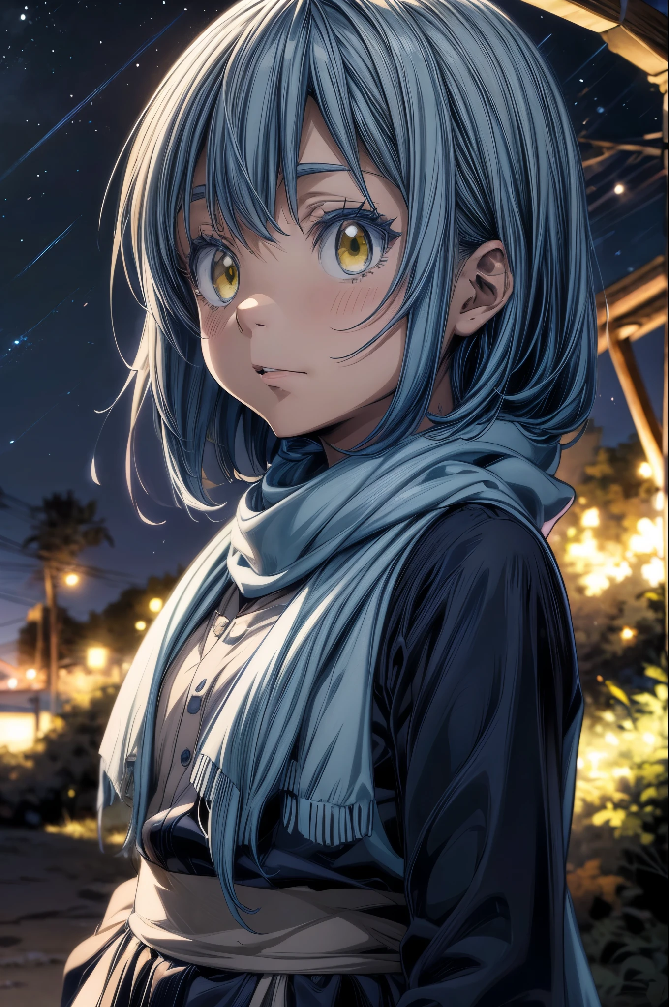 masterpiece, best quality, extremely detailed CG unity 8k wallpaper, Digital art of Rimuru Tempest from the anime TenSura, Cute Boys, long blue hair, Big eyes, Yellow Eyes, Blue lashes, Navy blue clothes, White scarf, The background is the prairie, Lens flare, Cinema lighting, Bright light