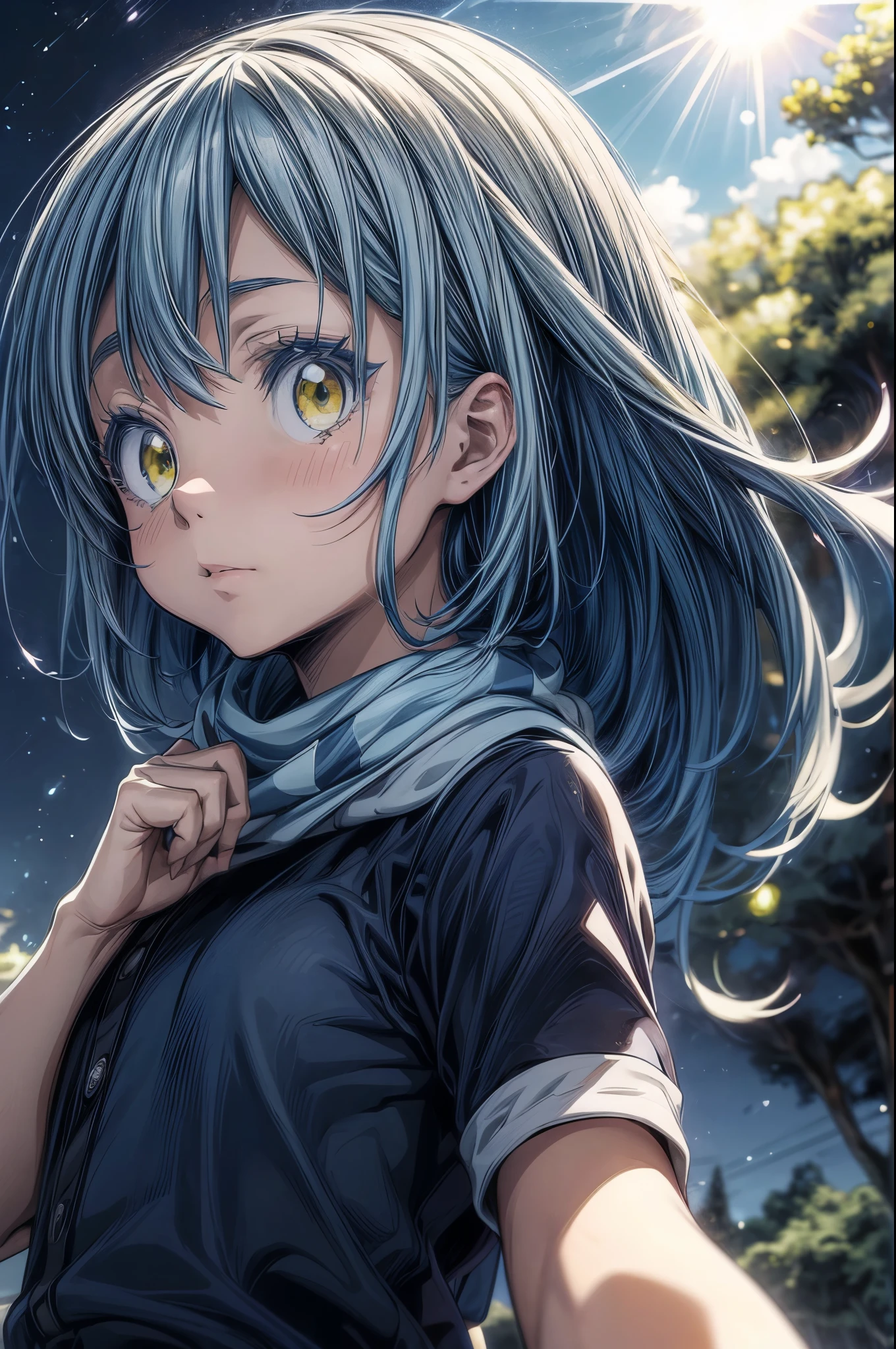 masterpiece, best quality, extremely detailed CG unity 8k wallpaper, Digital art of Rimuru Tempest from the anime TenSura, Cute Boys, long blue hair, Big eyes, Yellow Eyes, Blue lashes, Navy blue clothes, White scarf, The background is the prairie, Lens flare, Cinema lighting, Bright light, Daytime, Light of the sun