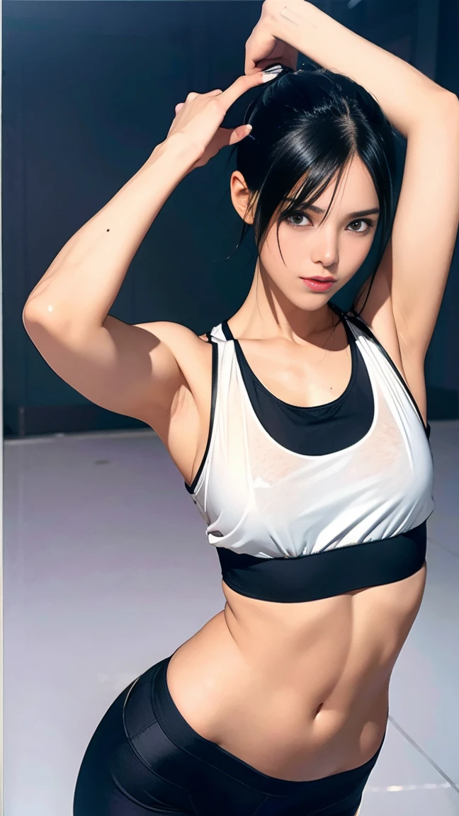 1 girl、A boyish handsome girl stretching his back、sweat、black hair、Idol level cuteness、slender、well-shaped breasts、bellybutton、My small white sports bra is see-through with sweat.、underboob、erect nipples、long leggings、Sports sneakers、anatomically correct、accurate limbs and fingerasterpiece、full body portrait、In the gymnasium、