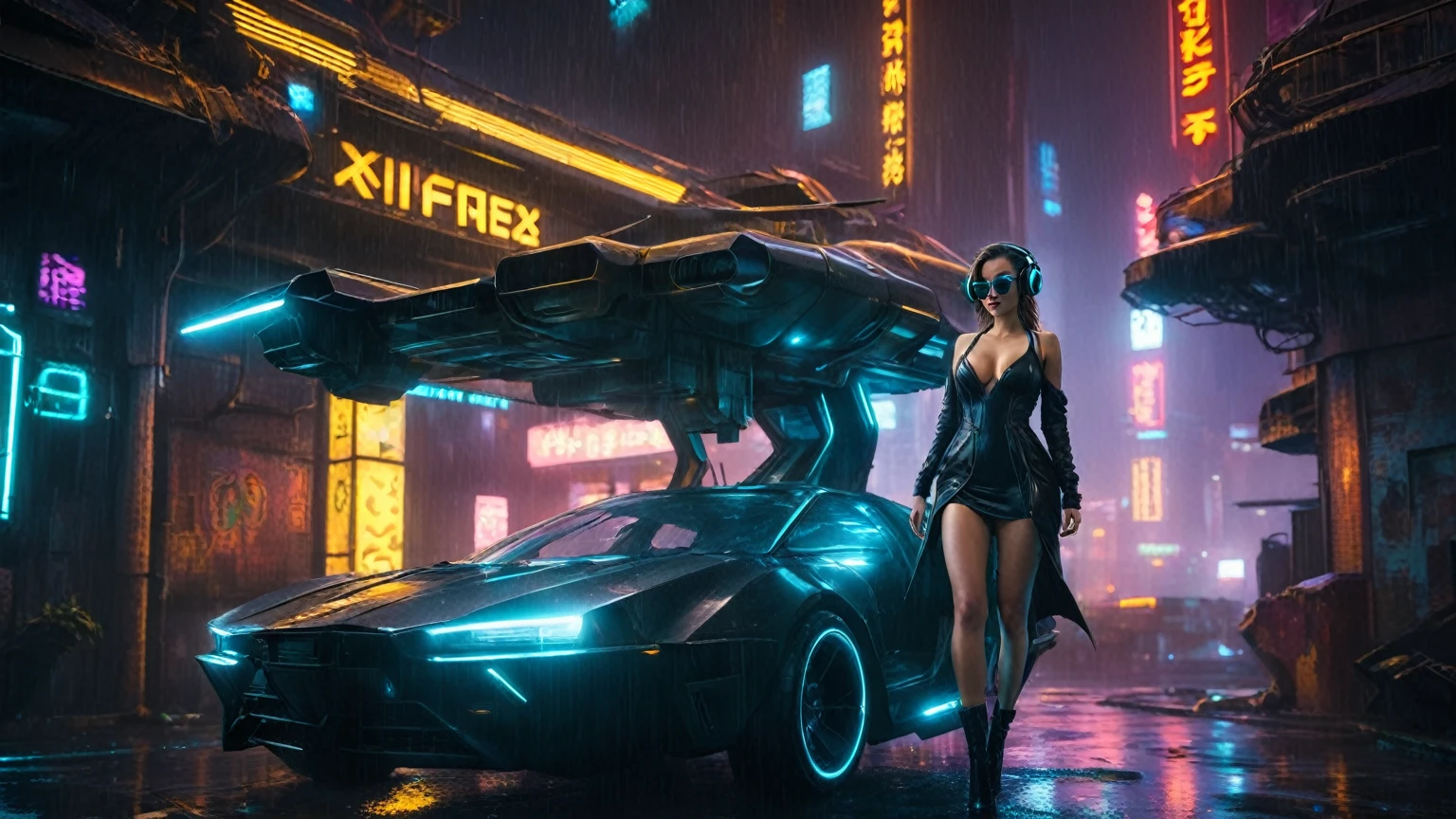(aerial view, a flying cars docking platform, a very dark abandoned futuristic city, neon lights), rainy night. (((1girl, solo, alone))), large-breast:1.2 slim body, cleavage:1.1, sexy wind blowing wet dress:1.4, (((headphone, black sunglasses, standing and holding pistol:1.8, dynamic rushing pose))), (((((half-body thigh level medium shot))))), cinematic lighting, lens flare, ray tracing.