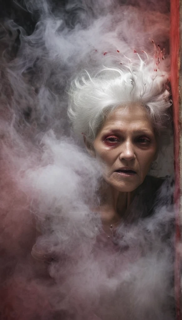 Highest image quality, Premium grade, white haired old woman, 1Female,scary, horror, cruel eyes, ยืนมองตรงเห็นดวงตาscaryเด่นชัด, (red eyes, blood tears), Covered in a white mist made from metal ore., In the abandoned house scene(Haunted) Realistic picture, Complex fog details