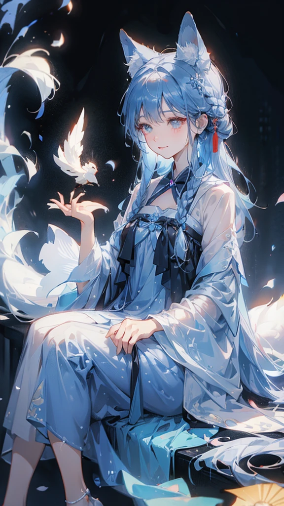 A fox girl image：Eye color: sapphire blue，Work clothes，new Chinese style;Everyday wear，Try various modern styles。Hair color: granny gray，White。Big fox ears in front of the morning(Refer to the current Daling avatar)，Human ears covered by hair and red braided rope，Appears as a hair tie、Work performance is post-production、Daily performance is side braid，The arms, shoulders and neck have technological patterns。Holding a compass。Weird and funny words;Low sense of humor in communication;Expressing chatterbox，Easy to immerse yourself;Comprehension is a bit funny，Because we are exploring modern human society。，The background is antique，Sitting down reclining，Expression smile