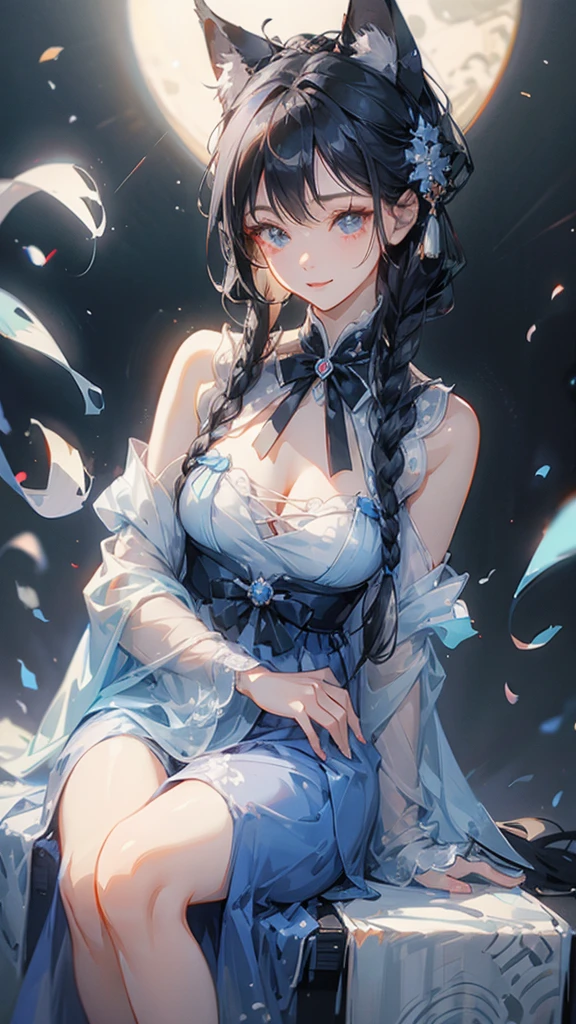 A fox girl image：Eye color: sapphire blue，Work clothes，new Chinese style;Everyday wear，Try various modern styles。Hair color: granny gray，White。Big fox ears in front of the morning(Refer to the current Daling avatar)，Human ears covered by hair and red braided rope，Appears as a hair tie、Work performance is post-production、Daily performance is side braid，The arms, shoulders and neck have technological patterns。Holding a compass。Weird and funny words;Low sense of humor in communication;Expressing chatterbox，Easy to immerse yourself;Comprehension is a bit funny，Because we are exploring modern human society。，The background is antique，Sitting down reclining，Expression smile