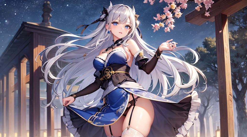 Highest quality, masterpiece, figure, wallpaper,One girl, Beautiful detailed girl, Highly detailed eyes and face, Beautiful attention to detail, Shine, View your viewers, Blue Eyes, Side Up,Beautiful silver hair, Thighs, ,crisp finger, clear background, deep night、Big earrings、bracelet、garter belt,Street,kimono,Autumn