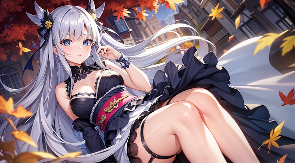 Highest quality, masterpiece, figure, wallpaper,One girl, Beautiful detailed girl, Highly detailed eyes and face, Beautiful attention to detail, Shine, View your viewers, Blue Eyes, Side Up,Beautiful silver hair, Thighs, ,crisp finger, clear background, deep night、Big earrings、bracelet、garter belt,Street,kimono,Autumn