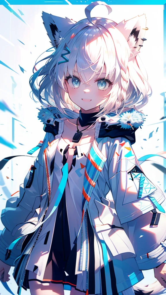 (Ultra-high resolution,masterpiece, Attention to detail, Highest quality), 8k,(eefbk, long hair, ahoge, animal ears, hair ornament, fox tail, black choker, collarbone, dog tags, fur-trimmed jacket, white jacket, open jacket, long sleeves, thigh strap),(Blessed,Captivating body、Ultra-detailed skin、Super beautiful eyes、Detailed Background),One girl、 (cheerful ,enjoy :1.5),