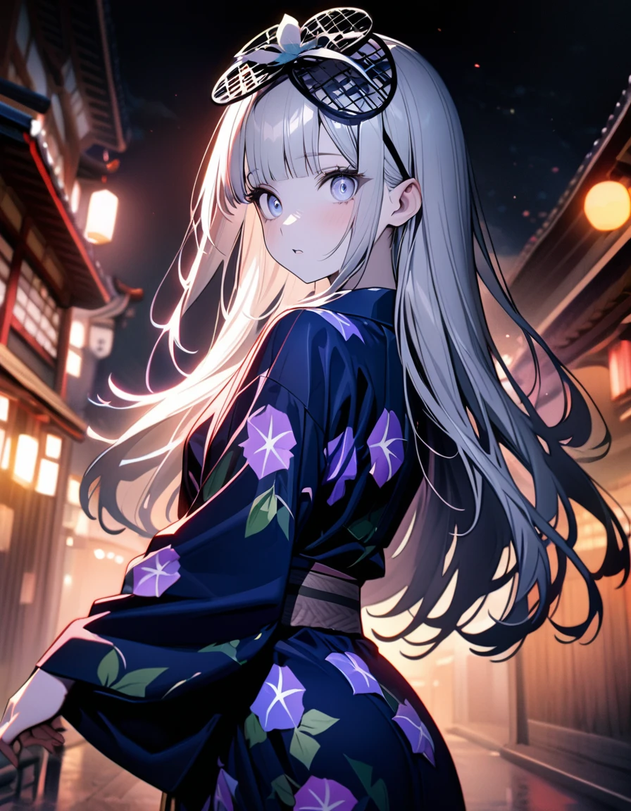 (8K, best quality, master piece: 1.2),super high resolution,1 girl,solo,16yo,ultra-detailed face,detailed eyes,silver eyes,blunt bangs,silver hair,Straight hair,Long hair,pale skin,astonished,(black Fascinator),lash extension,parted lips,BREAK,Morning glory flower pattern navy blue yukata,Japanese clothes,(long sleeve, long hem),cowboy shot,Looking back at the viewer,Reaching out a hand,pink rim light,(fireworks shining in the nigh tview)