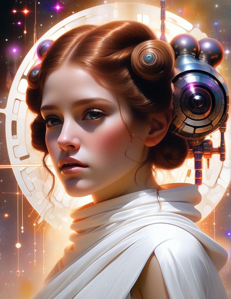 official art, unity 8k wallpaper, ultra detailed, beautiful and aesthetic, beautiful,, channeling arcane energies that ripple and distort the very air,abstract perspective, covered with small Pumpkin Rod, gooey liquid neon color hair and lips, highly refractive skin with small rainbow sparkles, glowing color exploding cell shading, Voronoi diagrams sparkling lighting,   Dappled Light, ((A canvas of code and creativity, bits and brushes unite, unveiling the portrait beyond pixels)), dreamy magical atmosphere, (skin texture), (film grain), (warm hue, warm tone), cinematic light, side lighting, Princess Leia (Star Wars): Princess Leia's iconic white dress, cinnamon bun hairstyle, and blaster make her a beloved choice for Star Wars cosplay., by boris vallejo and  Grzegorz Rutkowski