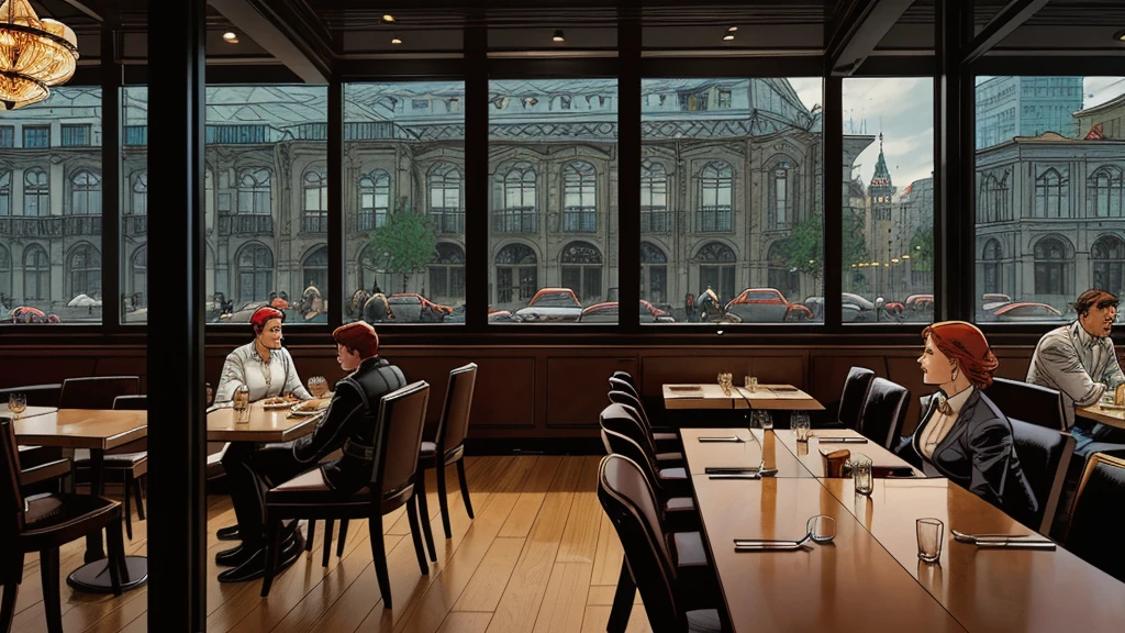 a restaurant, a restaurant в москве, public place, indoors, big windows, luxury, дорогой a restaurant, people have lunch, workers greet guests, Marvel Comics Style, comics