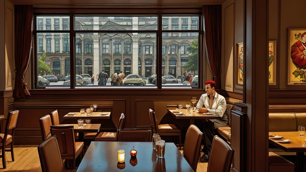 a restaurant, a restaurant в москве, public place, indoors, big windows, luxury, дорогой a restaurant, people have lunch, workers greet guests, Marvel Comics Style, comics