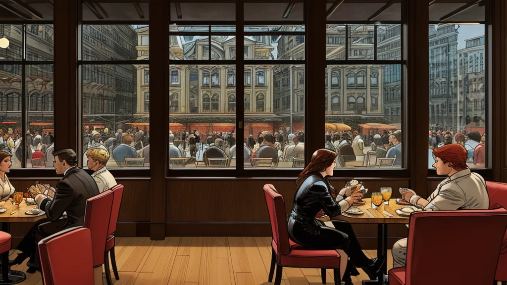 a restaurant, a restaurant в москве, public place, indoors, big windows, luxury, дорогой a restaurant, people have lunch, workers greet guests, Marvel Comics Style, comics