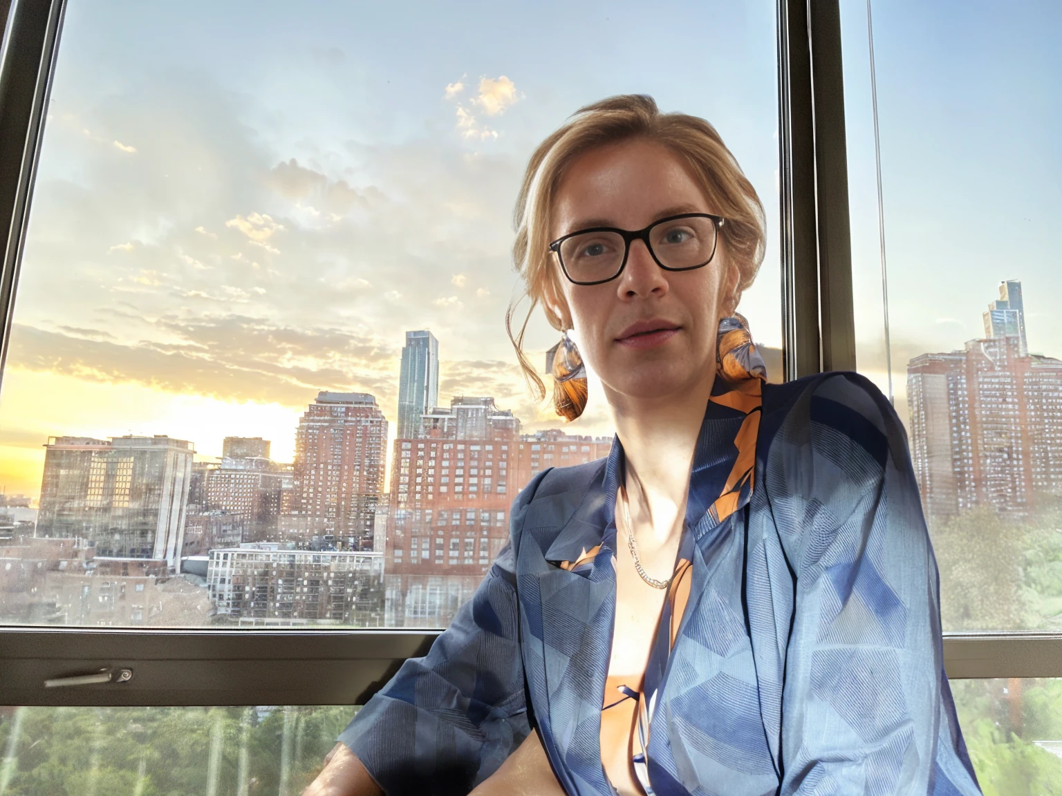 young beautiful woman sitting in front of a window with a city view, city in background, at sunset,