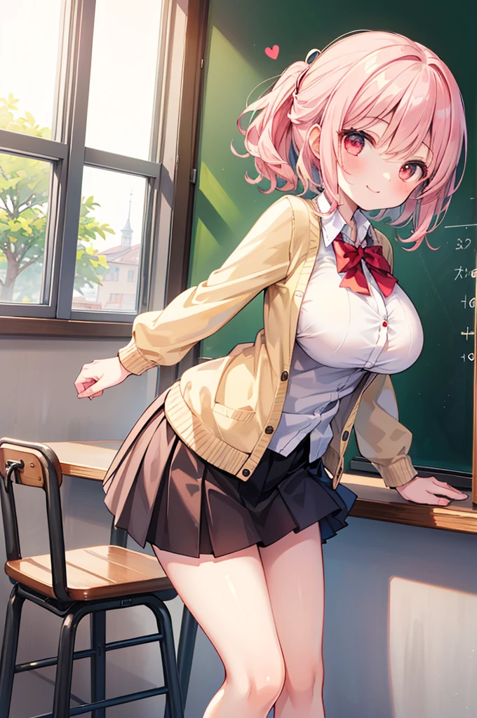 Fantasy,((Masterpiece)),((high resolution)),((Best Quality)),Anime illustration,(((1girl))),,(wavy hair),(short hair),(pale pink hair color),small ponytail,Red eyes,(Big round eyes),((tareme)),12 years old,((loli face)),((very big breasts)),Short stature,Young,,,cardigan,mini skirt,smile,Ladylike,classroom,