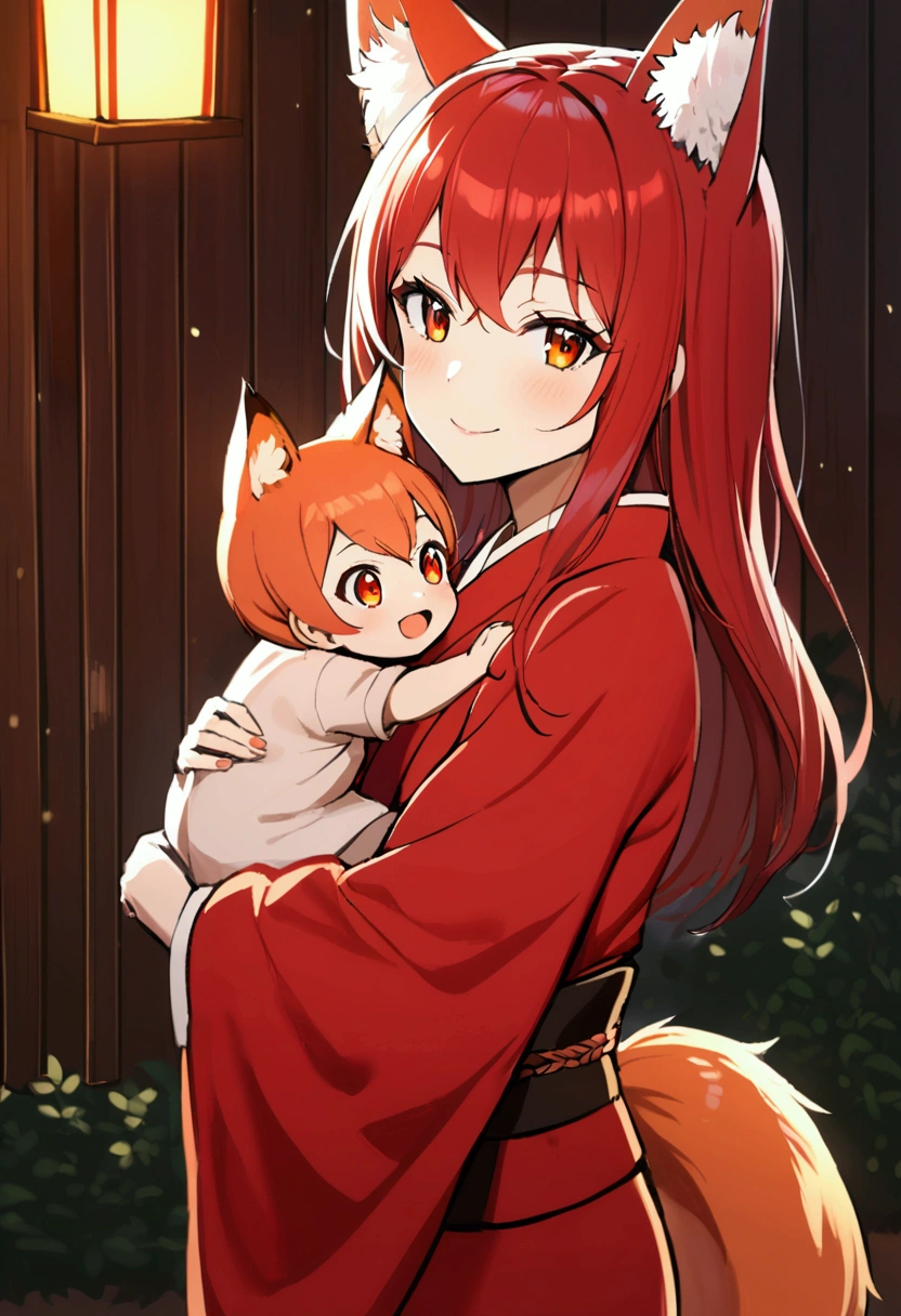 1girl with long red hair, amber eyes, fox ears, fox tail, red kimono, carry children,wooden house, smiling