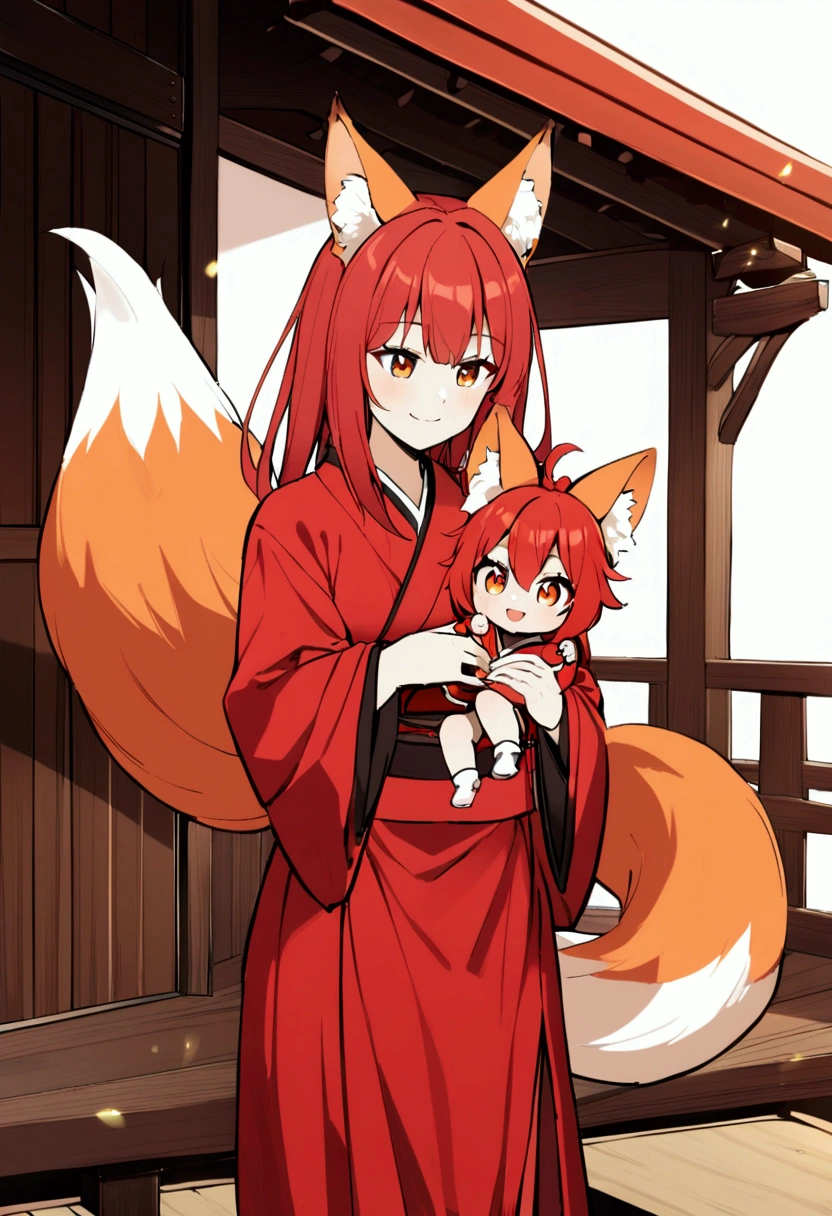 1girl with long red hair, amber eyes, fox ears, fox tail, red kimono, carry children,wooden house, smiling