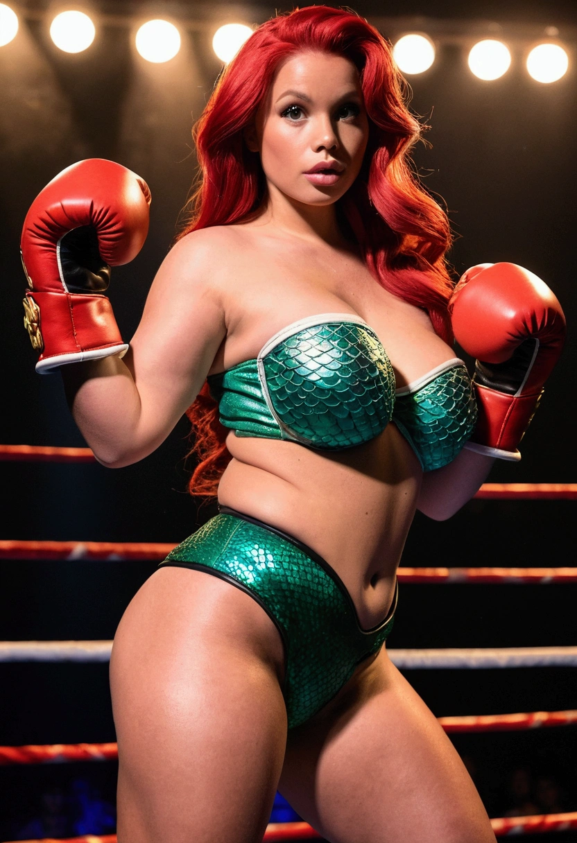 Aerial(The Little Mermaid), skintight leather thong, topless, lighting printed boxing gloves, big ass, thick pudgy thighs, big tits,