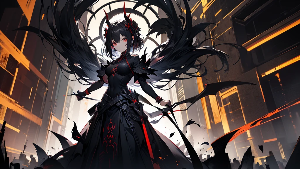 A demon standing in a pitch black temple。Black background