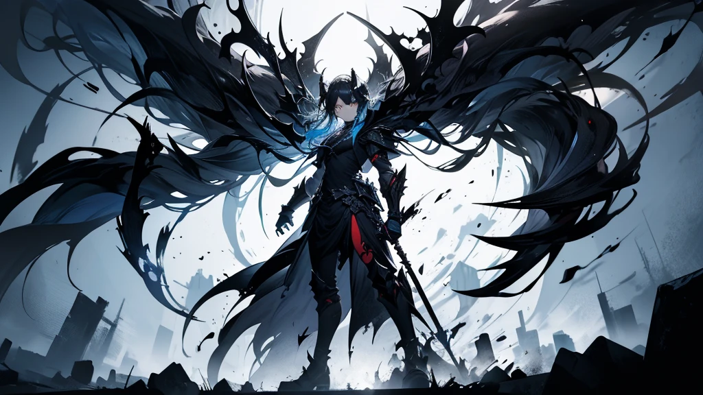 A demon standing in a pitch black temple。Black background