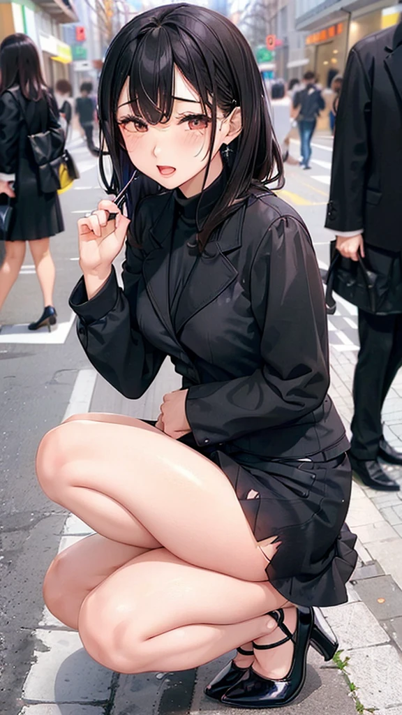 /quality
(masterpiece,best quality,High resolution,高quality,Realistic)

/Hairstyle
(Black Hair、Curly Hair)

/Clothes
(Pencil Skirt,Job interview suit,Black jacket,Torn pantyhose:1.5,Earrings、White string panties)

/Pose Crouching,sit
Leaning against a wall,
Spread your legs:1.5

(shame:1.3、Ahegao,orgasm,vapor:1.5,Wish:1.5),

/Other Crowds:1.5,Fair skin,Feet Focus,Leaning against a wall,male,hand of:1.5,night, roadside,ID card,