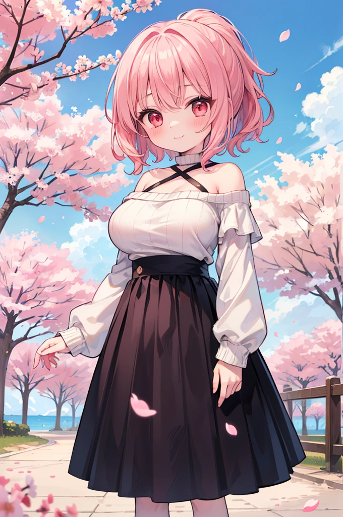 ((Masterpiece)),((high resolution)),((Best Quality)),Anime illustration,(((1girl))),,(wavy hair),(short hair),(pale pink hair color),small ponytail,Red eyes,(Big round eyes),((tareme)),15 years old,((loli face)),((very big breasts)),Short stature,,Off-the-shoulder sweater,(long maxi skirt),smile,Ladylike,cherry blossoms,