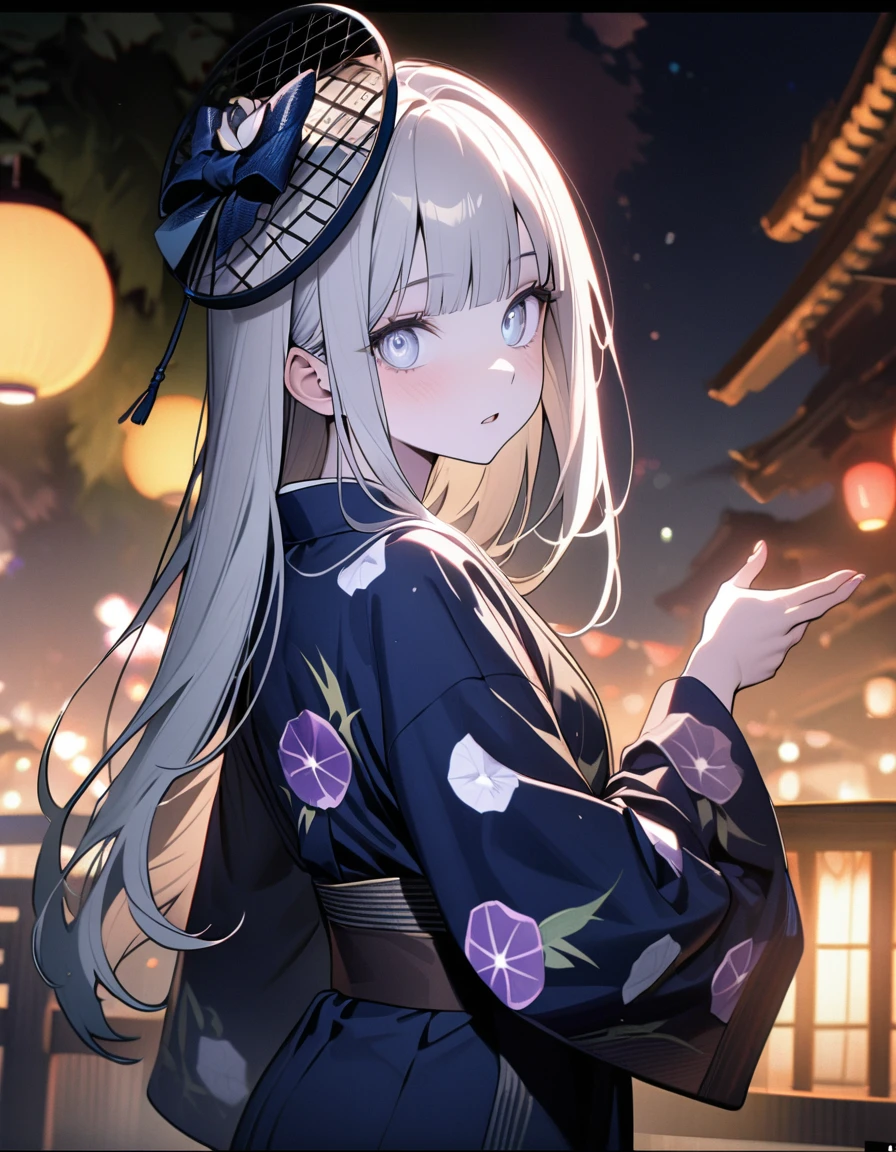 (8K, best quality, master piece: 1.2),super high resolution,1 girl,solo,16yo,ultra-detailed face,detailed eyes,silver eyes,blunt bangs,silver hair,Straight hair,Long hair,pale skin,astonished,(black Fascinator),lash extension,parted lips,BREAK,Morning glory flower pattern navy blue yukata,Japanese clothes,(long sleeve, long hem),cowboy shot,Looking back at the viewer,Reaching out a hand,rim light,(fireworks shining in the nigh tview)