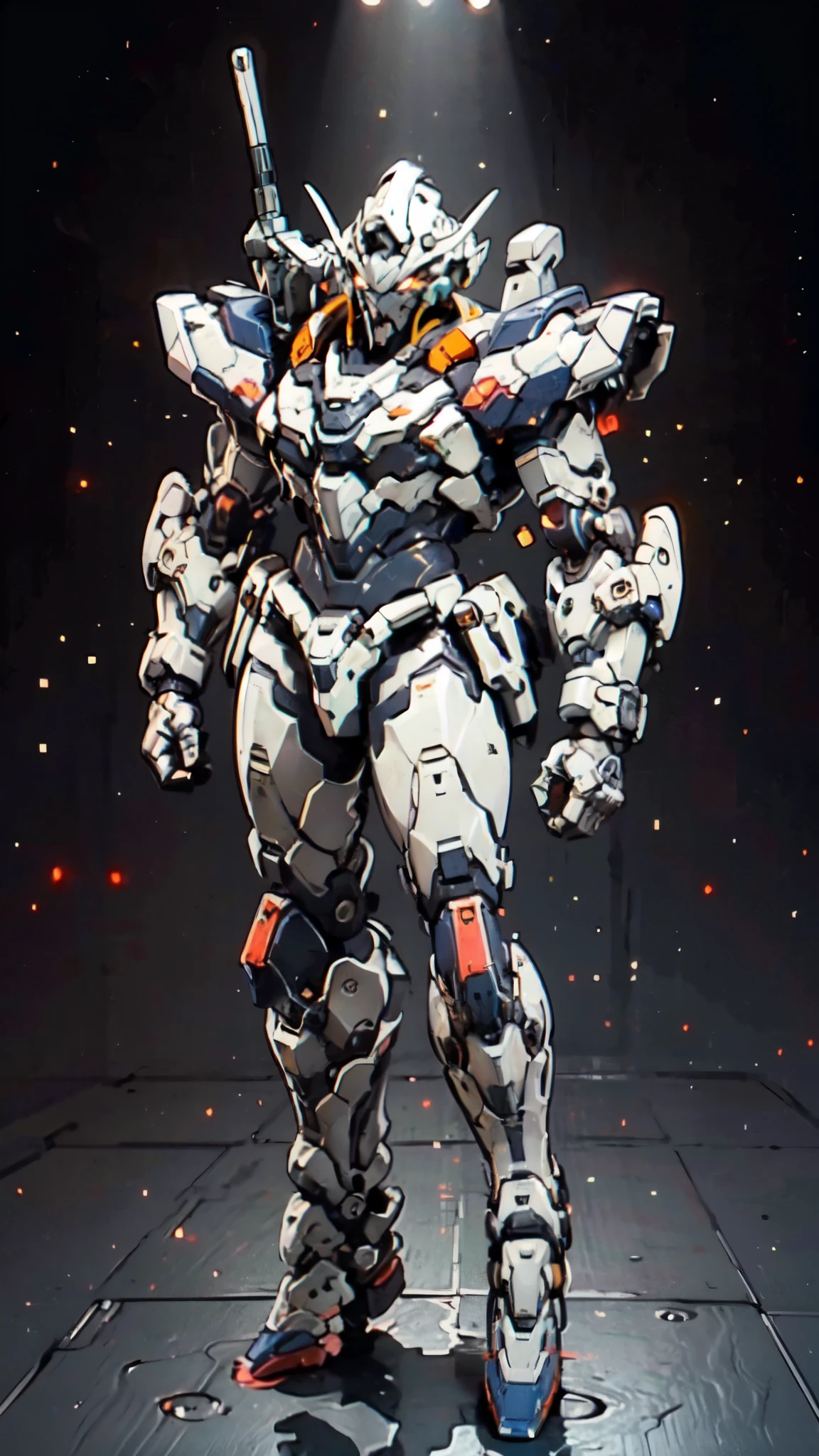 (masterpiece:1.5, best quality:1.5, extremely delicate:1.5), humanoid Mecha, fully enclosed shoulder guards, matching arm and leg guards, full body, full armor, the design balances heavy with agility, (the color scheme is primarily white with red and blue accents, the concept Inspired by Super robot, organic biotech armor, standing, floating high above the futuristic sci-fi city), exquisite and mature art style, (aura effect, energy, glowing eyes, the armor glows), metallic, dramatic, high definition, highres, ultra-detailed, ultra-fine painting, professional, perfect body proportions, anatomically correct, symmetrical face, extremely detailed eyes and face, high quality eyes, creativity, RAW photo, UHD, 32k, Natural light, cinematic lighting, masterpiece-anatomy-perfect