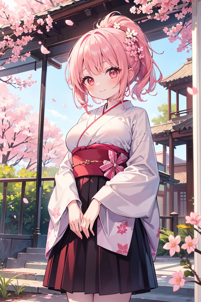 ((Masterpiece)),((high resolution)),((Best Quality)),Anime illustration,(((1girl))),,(wavy hair),(short hair),(pale pink hair color),small ponytail,Red eyes,(Big round eyes),((tareme)),15 years old,((loli face)),((very big breasts)),Short stature,,kimono,mini skirt,smile,Ladylike,cherry blossoms,