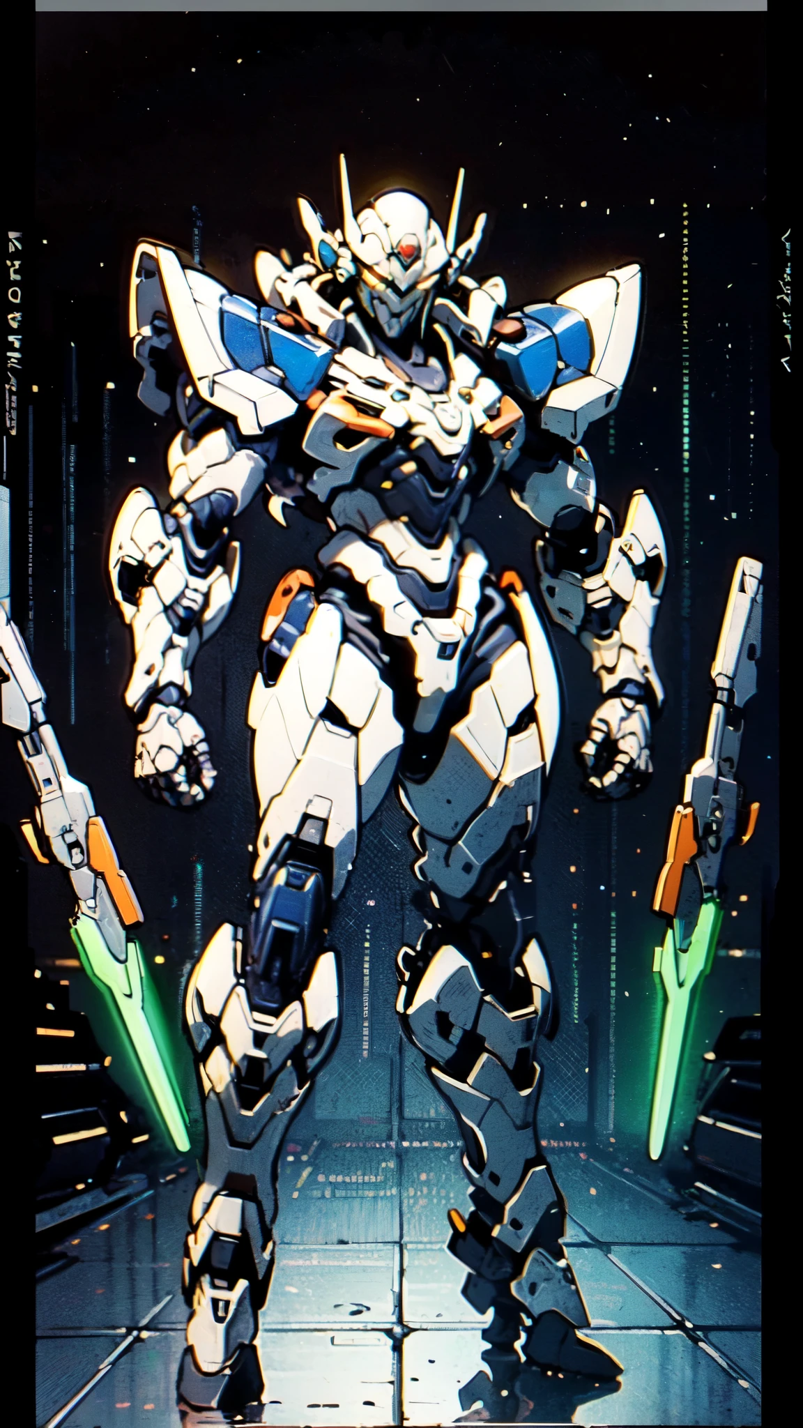 (masterpiece:1.5, best quality:1.5, extremely delicate:1.5), humanoid Mecha, fully enclosed shoulder guards, matching arm and leg guards, full body, full armor, the design balances heavy with agility, (the color scheme is primarily white with red and blue accents, the concept Inspired by Super robot, organic biotech armor, standing, floating high above the futuristic sci-fi city), exquisite and mature art style, (aura effect, energy, glowing eyes, the armor glows), metallic, dramatic, high definition, highres, ultra-detailed, ultra-fine painting, professional, perfect body proportions, anatomically correct, symmetrical face, extremely detailed eyes and face, high quality eyes, creativity, RAW photo, UHD, 32k, Natural light, cinematic lighting, masterpiece-anatomy-perfect