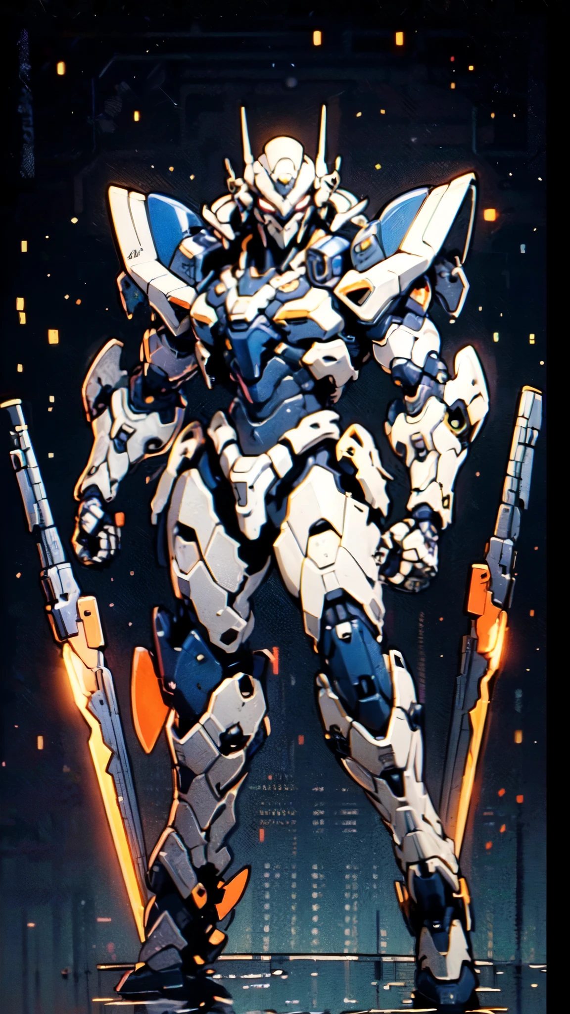 (masterpiece:1.5, best quality:1.5, extremely delicate:1.5), humanoid Mecha, fully enclosed shoulder guards, matching arm and leg guards, full body, full armor, the design balances heavy with agility, (the color scheme is primarily white with red and blue accents, the concept Inspired by Super robot, organic biotech armor, standing, floating high above the futuristic sci-fi city), exquisite and mature art style, (aura effect, energy, glowing eyes, the armor glows), metallic, dramatic, high definition, highres, ultra-detailed, ultra-fine painting, professional, perfect body proportions, anatomically correct, symmetrical face, extremely detailed eyes and face, high quality eyes, creativity, RAW photo, UHD, 32k, Natural light, cinematic lighting, masterpiece-anatomy-perfect