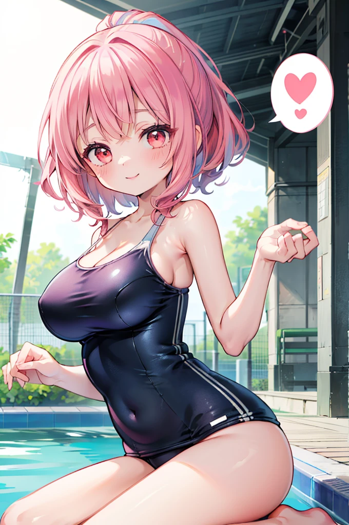 ((Masterpiece)),((high resolution)),((Best Quality)),Anime illustration,(((1girl))),,(wavy hair),(short hair),(pale pink hair color),small ponytail,Red eyes,(Big round eyes),((tareme)),,((loli face)),very big breasts)),Short stature,,one-piece swimsuit,smile,Ladylike,Pool,